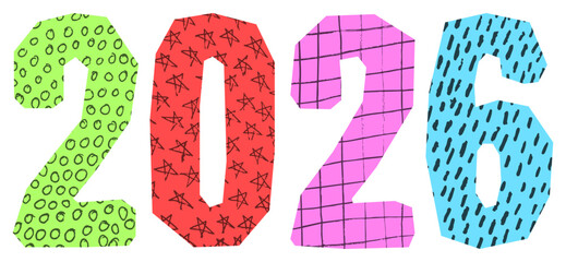 Bright geometric numbers forming 2026, filled with playful doodles and sketched textures on white.