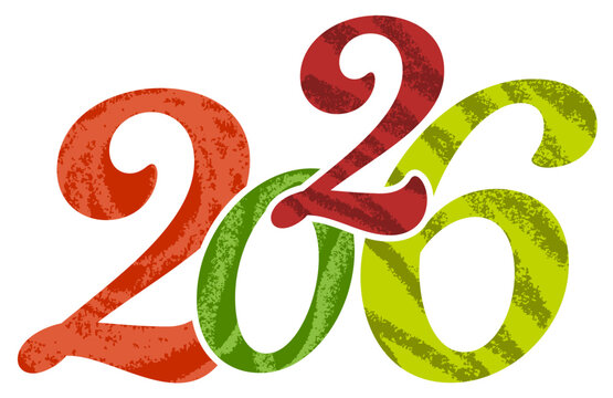 Stylized 2026 digits in warm red and green tones with bold swirls and grunge texture on a clean white background.
