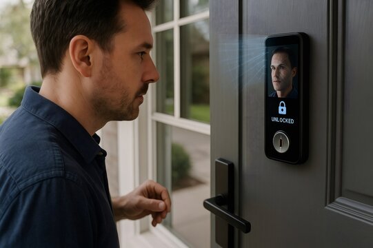 Man using facial recognition to unlock smart lock on front door of house, concept of home security and automation