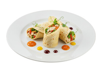 Three delicious chicken wraps garnished with sprouts and sauces on a plate isolated on transparent background