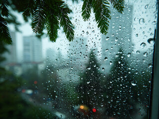 a rainy view from a window, with raindrops on the glass and blurred city lights and trees in the background. The scene appears to be taken during the evening or night.