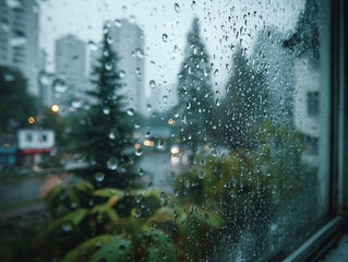 a rainy view from a window, with raindrops on the glass and blurred city lights and trees in the background. The scene appears to be taken during the evening or night.