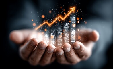 Dark background businessman hands cupped holding upward trending orange digital graph glowing with binary code data points