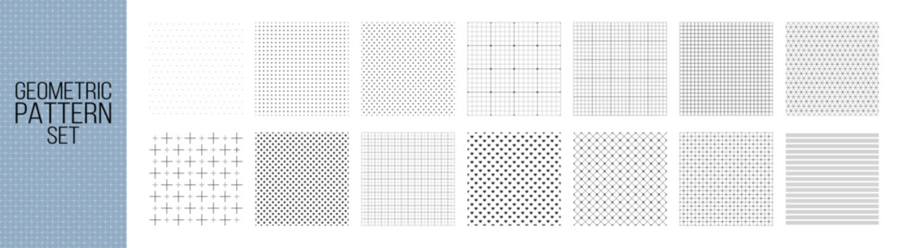 Geometric pattern set. Collection of seamless ornament backgrounds with stripes, dots, crosses, hearts and grid elements. Vector decorative textures