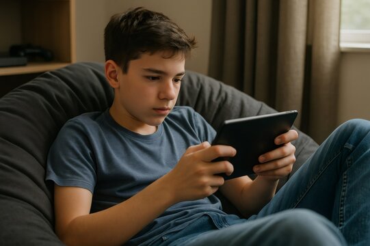 Focused teenage boy using digital tablet while relaxing on comfortable beanbag chair in living room, enjoying online entertainment or studying