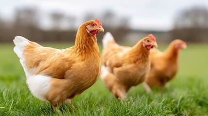 Fototapeta premium Free Range Chickens in Green Field, Farm Life - nature food
