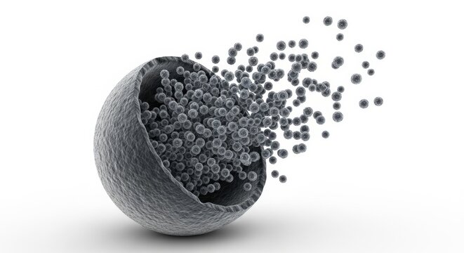 Cell Lysis: Viral Destruction - A dramatic 3D of a single host cell undergoing lysis, releasing numerous viral particles.