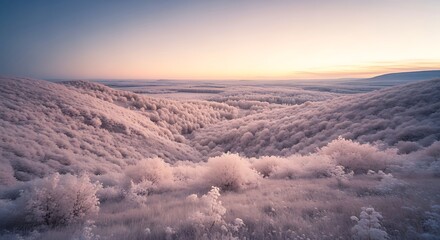 A serene landscape showcases frosted trees and a soft, pastel sunrise over rolling hills.