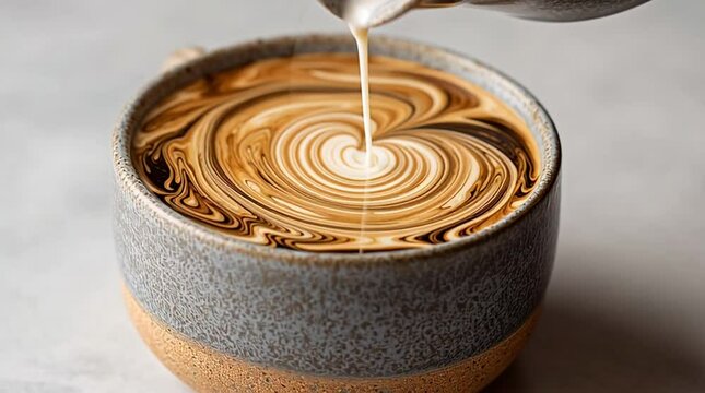 A slow pour of oat milk into a ceramic cup of coffee, swirls forming creamy patterns