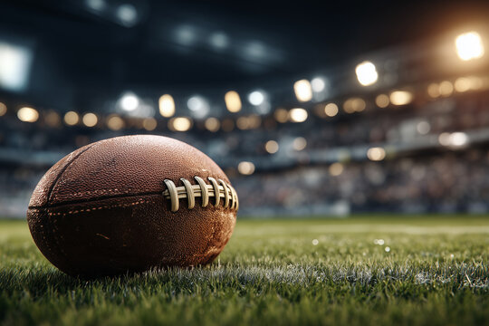 Rugby Ball on Grassy Field in Illuminated Stadium
