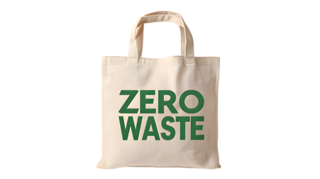 White reusable tote bag with ZERO WASTE written in green text on the front. on a transparent  background - Powered by Adobe