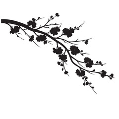 Black Silhouette of Blooming Cherry Branch, Vector Illustration