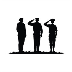 Three soldiers in silhouette saluting on a grassy field