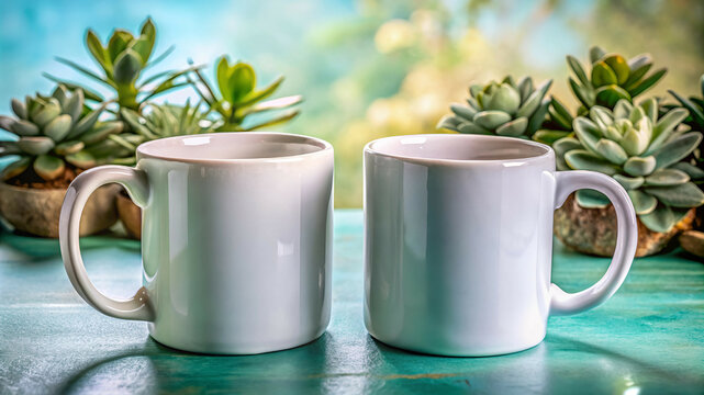 Two White Ceramic Mugs on a Teal Wooden Surface with a Blurred Natural Background Ideal for Mockups and Product Presentations and Summer Vibes