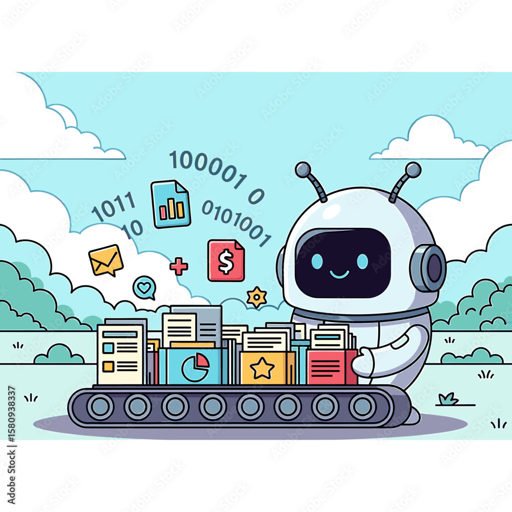 Poster cartoon robot processing data on conveyor belt with binary code and icons