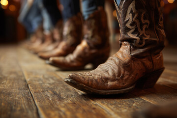Cowboy Boots of Line Dancers on Rustic Wooden Floor