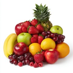 A colorful pile of fresh and healthy fruits isolated on white background