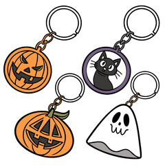 Four halloween themed keychains featuring a pumpkin, ghost, and black cat on a white background