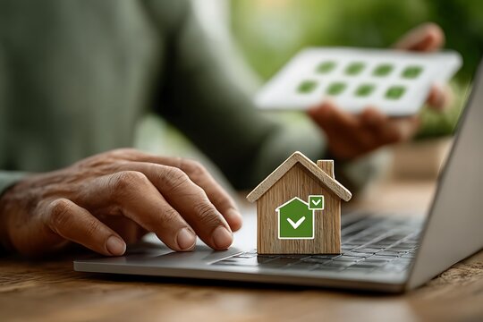 Closeup of Hands Using Laptop with Small Wooden House Model Featuring Green Checkmarks Displayed on Trackpad Person Checking Items on Tablet in Background Blurred Green Background - Powered by Adobe