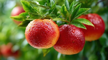 Obraz premium Ripe Blood Oranges with Water Droplets on Tree
