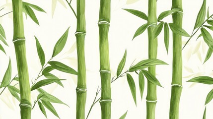 Obraz premium Detailed illustration of vibrant green bamboo stalks and leaves against a white background