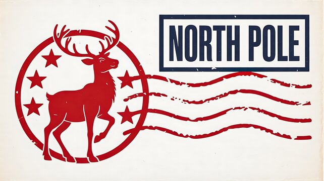 Vintage north pole stamp design with red reindeer and stars

