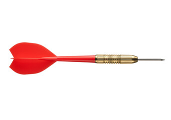 Single red dart with brass barrel and sharp steel tip for playing darts game. Isolated on transparent background, png