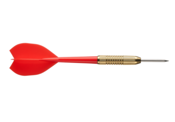 Single red dart with brass barrel and sharp steel tip for playing darts game. Isolated on transparent background, png