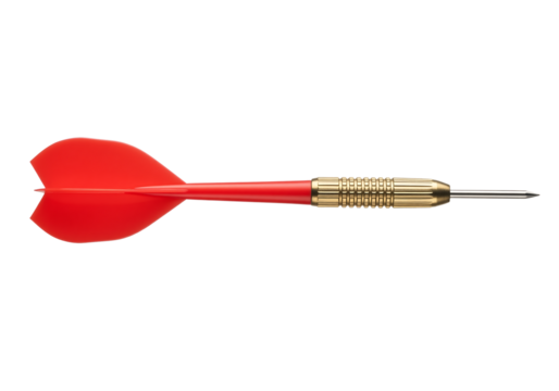 Single red dart with brass barrel and sharp steel tip for playing darts game. Isolated on transparent background, png