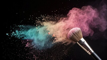 Burst of Pastel Powder from Makeup Brush on black Background