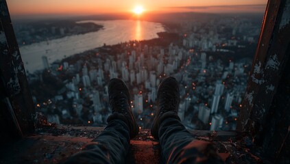Sunset Cityscape View from a High Point Mans Feet in Black Boots Dangling Over Edge Rusty Metal Structure Urban Panorama Orange Hues Twilight City Lights