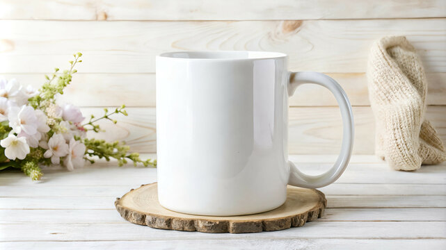 Blank white coffee mug mockup on wooden slice coaster with white wood background for your design or business branding perfect for showcasing designs