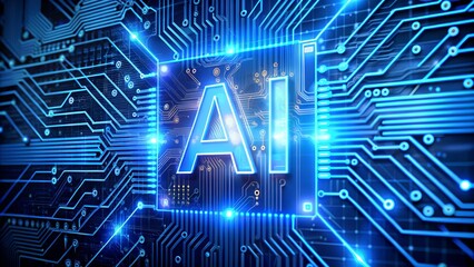 The glowing blue ai symbol illuminates a complex circuit board, representing advanced technology