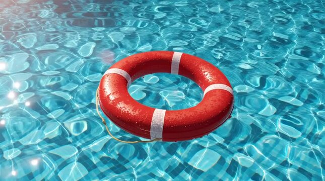 Red life ring with wite lines floats in a clear blue water pool, creating a serene summer mood