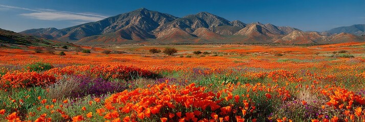 California desert poppy superbloom orange field leading to mountains with shallow focus, vibrant spring scene for tourism promotions, calendars, or joyful wall art.