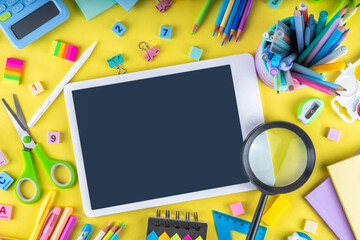 Back to school colorful background containing various school supplies, education accessories for...
