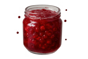 Bright red cherry jam in glass jar isolated on transparent background, sweet