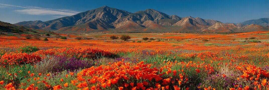 California desert poppy superbloom orange field leading to mountains with shallow focus, vibrant spring scene for tourism promotions, calendars, or joyful wall art.