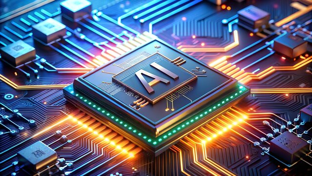 A central ai processor chip sits on a glowing circuit board with vibrant orange and blue lights - Powered by Adobe