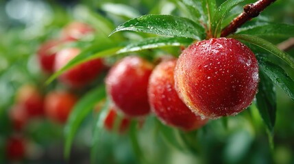 Fresh Ripe Peaches Hanging on Tree Branch in Garden