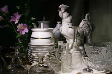 Still life with glass and crystal dishes