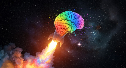 "Rainbow Brain Rocket in Outer Space – Creative Intelligence and Imagination Launch"