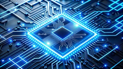 Detailed view of a luminous blue computer chip on a complex circuit board
