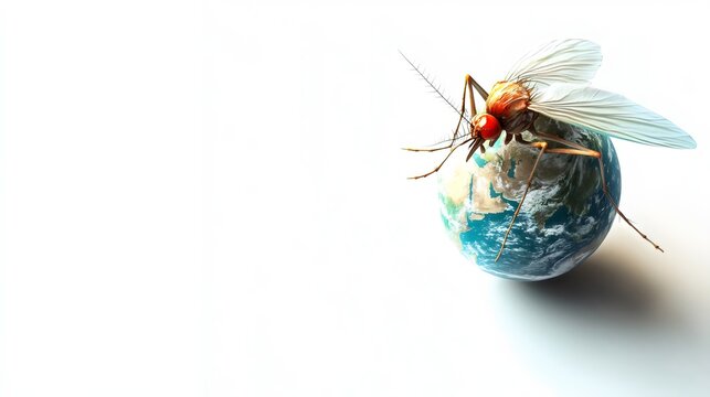 A mosquito rests on a miniature globe, symbolizing the global threat of mosquito borne diseases and related health concerns.
