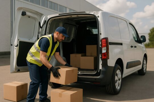 Delivery worker loading cardboard boxes into an electric van in an industrial area. Sustainable transportation and logistics concept