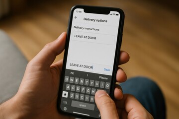 Hands holding a smartphone while selecting the leave at door delivery option displayed on the screen, ensuring convenient online shopping