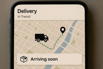 Mobile interface showing real time package tracking with map and delivery status, indicating a package arriving soon at its destination