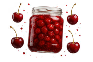 Cherry jam in a glass jar isolated on transparent background, delicious looking