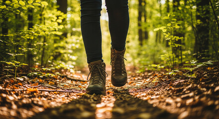 Adventurous walk through a vibrant green forest, with a focus on sturdy hiking boots treading a sunlit trail, symbolizing exploration and natural beauty