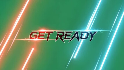 Dynamic get ready text animation with red and blue neon light streaks on a green background for game or intro sequence. - Powered by Adobe